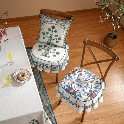 patdrea Pack of 2 Chair Cushions for Dining Chairs with Ruffled, Blue Floral Seat Cushion with Ties,Removable,Non Slip Chair Pads Decor for Bar Stool Cushions, Indoor Kitchen Chairs, 17.7"x17.7"