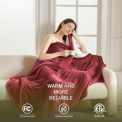 Heat Blanket 50”x60” Throw,Soft Flannel & Sherpa Reversible Electric Blanket with 10 Heat Settings,12 Timer Setting and 3 Hours Auto-Shut Off,ETL Certified Machine Washable,Red