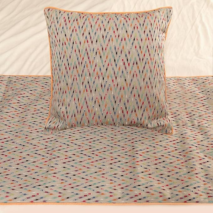 The HomeCentric King Queen Twin Beige & Multicolor Luxury Queen 74"x18" Bed Runner with 2 Pillow Cover, Chevron Embroidery Bed Scarf on Jacquard Embroidered Fabric - Happy Chevy