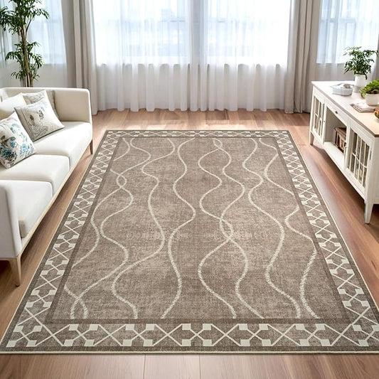 4x6 Area Rugs for Bedroom Living Room, Machine Washable Low Pile Rugs, Non Slip Modern Bordered Print Indoor Carpet for Entryway Office Dining Room Dorm Home Decor, Brown