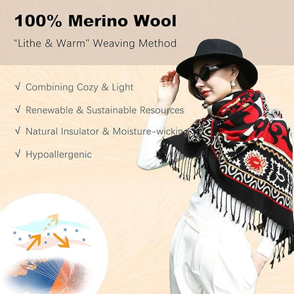 DANA XU 100% Merino Wool Extra Large Pashmina Blanket Travel Scarf Cashmere Wrap for Women Fall Winter Oversize Shawl Floral