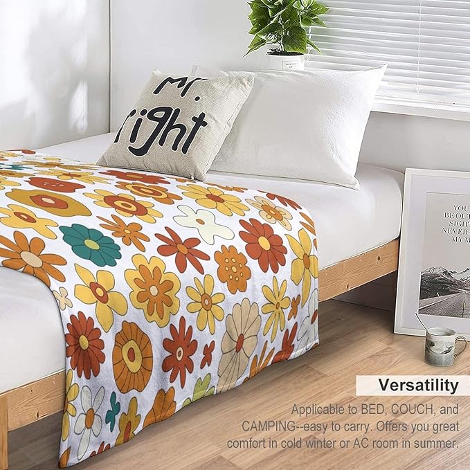 Vintage Hippie Floral Blanket, 70s Boho Abstract Yellow Orange Flowers Funny Print Throw Blanket for Holiday Theme Home Decor Bedding Couch 50"x60"