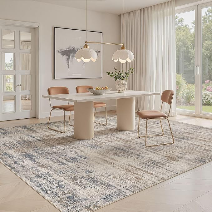 Area Rug for Living Room: 4x6 Washable Neutral Abstract Modern Soft Rugs Non Slip Indoor Floor Stain Resistant Carpet for Bedroom Dining Room Office Nursery - Brown