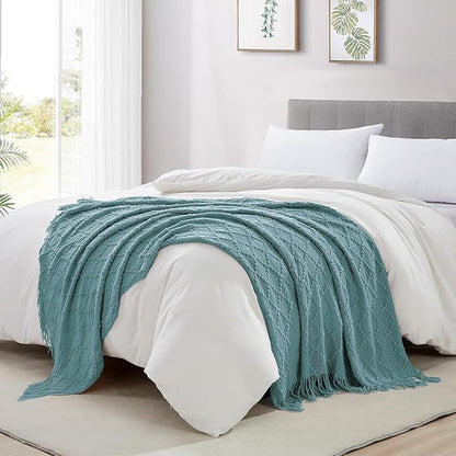 BOURINA Blue Throw Blanket 50 x70 Inches Jacquard Argyle Throw Textured Solid Soft Throws and Blankets for Sofa or Bed Knitted Decorative Blanket