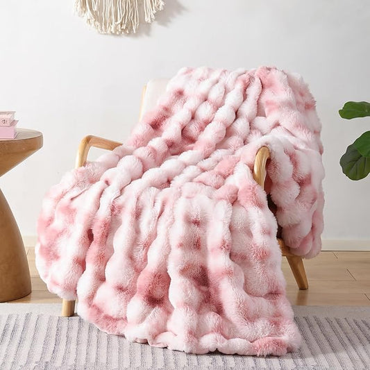 Smoofy Faux Fur Throw Blanket for Couch Rabbit Fleece - Tie-dye Pink Fluffy Blanket for Sofa Bedroom Living Room, Cozy Soft Plush Luxury Thick Winter Fuzzy Comfy Bubble Blanket - 60" x 80"
