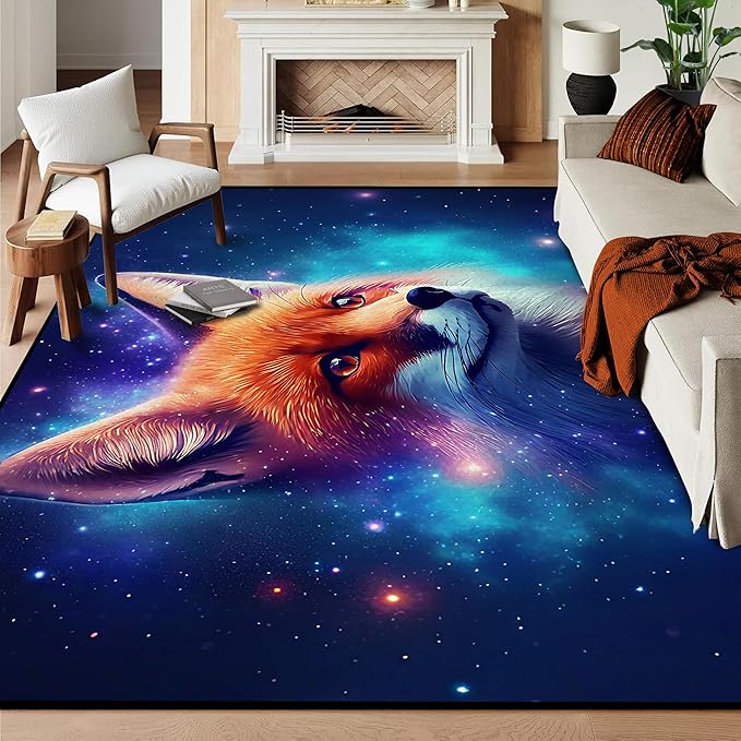 5' X 7' Galaxy Fox Rug 3D Cute Foxes Area Rugs for Bedroom Living Room Playroom Boys Kids Cartoon Colorful Carpet Glitter Stars Throw Rugs Floor Mat
