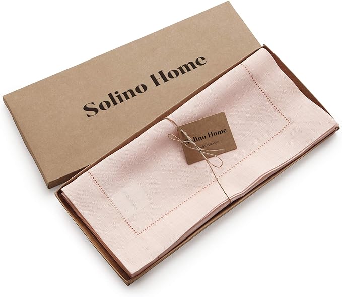 Solino Home Linen Pink Table Runner 36 Inches - Classic Hemstitch, 100% Pure Linen Coffee Table Runner 14 x 36 Inch Ideal for Dresser Tables - Christmas