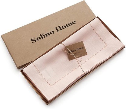 Solino Home Linen Pink Table Runner 90 Inches Long - 100% Pure Linen Hemstitch 14 x 90 Inch Table Runner for Dining, Christmas - Classic Hemstitch