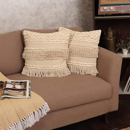 REDEARTH · Tufted Throw Pillow Cushion Covers - Boho Textured Woven Decorative Cases Set for Couch - Sofa - Bed - Farmhouse - Chair - Patio - Outdoor - car - 100% Cotton (18x18 ; Natural) Pack of 2