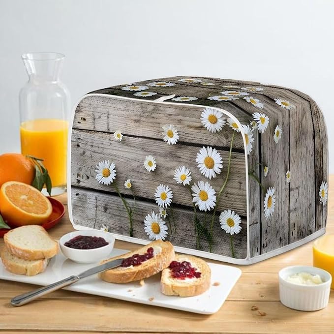Old Wooden Daisy Printed Appliance Cover - Universal 4 Slice Bread Maker & Toaster Dustproof, Washable