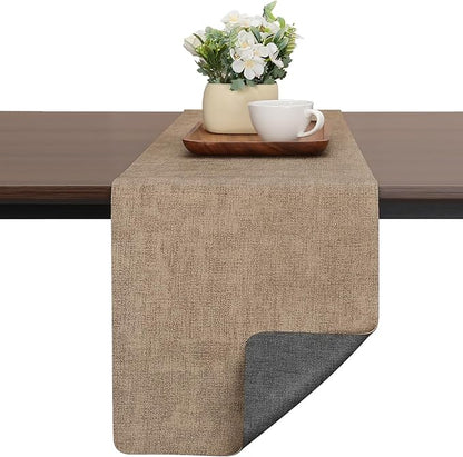 Table Runners 72 Inches Long, Dual-Sided Faux Leather Farmhouse Table Runner Waterproof Heat Resistant Non-Slip for Living Room Party Home Decor Holiday Decorations(Gray Beige, 12 x 72 Inch)
