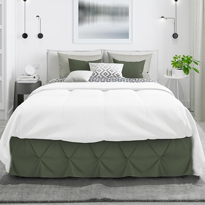 Nestl Olive Green Bed Skirt Queen Size, Pinch Pleat Queen Bed Skirt, 14" Inch Drop Queen Bedskirt, Hotel Quality Olive Green Bed Skirts, Microfiber Bedskirt for Queen Bed, Olive Green Queen Bed Skirt