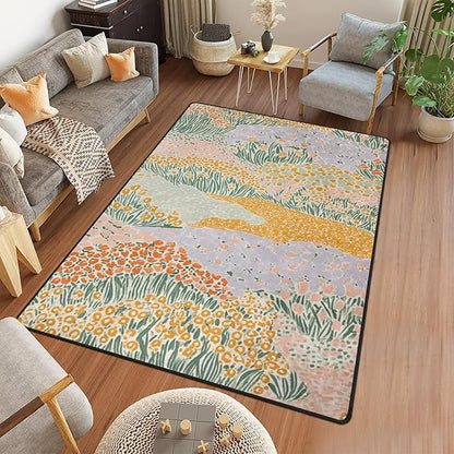9CH Abstract Garden Floral Area Rug for Kids Bedroom 7' X 5' Natural Rainbow Flower Rugs Non-Slip Cute Soft Boho Carpet for Nursery Living Room Dorm Home Decor