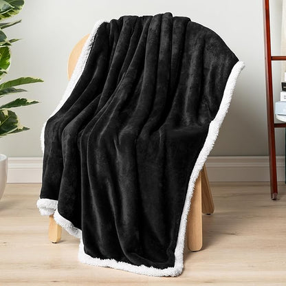 PAVILIA Sherpa Fleece Throw Blanket for Couch, Twin Size, Black, Plush Soft Fuzzy Sofa Blanket, Cozy Reversible Winter Throw for Women Men, 60x80 Inches