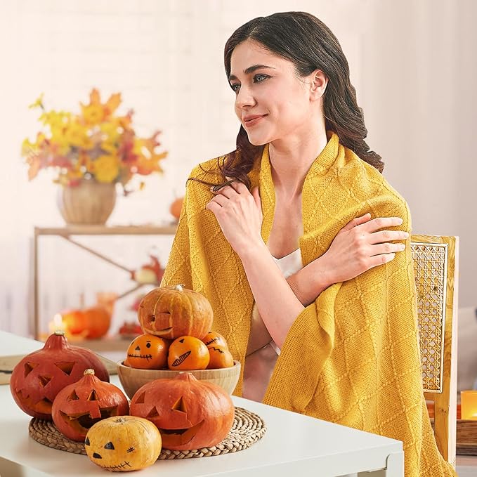 inhand Knitted Fall Throw Blanket for Couch and Bed, Knit Fall Decor Halloween Blanket with Tassel, Mustard Yellow Lightweight Decorative Farmhouse Warm Woven Blankets and Throws for Women, 60"x80"