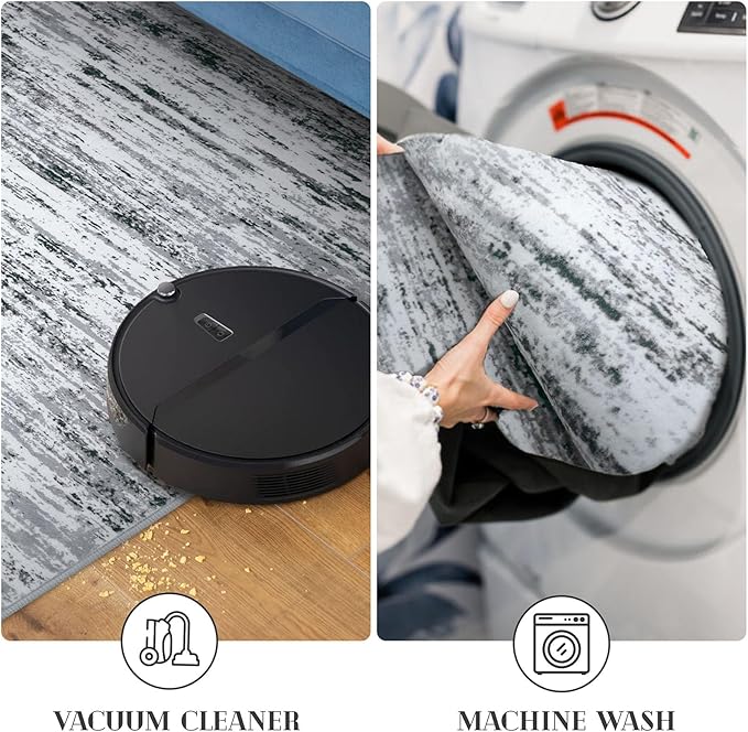 Modern Abstract Runner Rug 2x12, Black Grey White Washable Long Kitchen Runner Non-Slip Soft Hallway Rug Runner Thin Print Faux Wool Carpet for Entryway Bedroom Laundry Room Indoor Home Decor