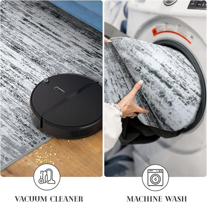 Modern Abstract Runner Rug 2x6, Black Grey White Washable Kitchen Runner Non-Slip Soft Hallway Rug Runner Thin Print Faux Wool Carpet for Entryway Bedroom Laundry Room Indoor Home Decor