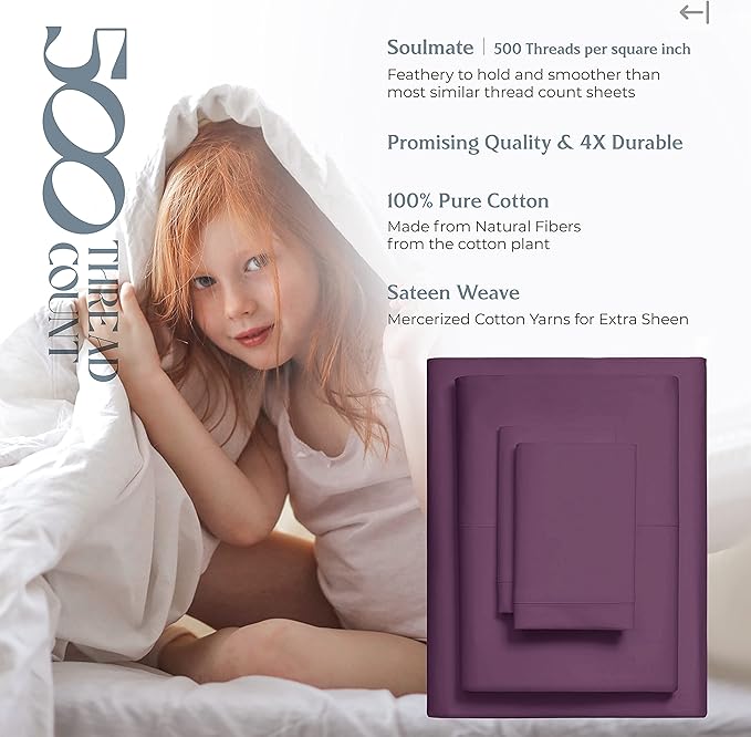 Mayfair Linen 500 Thread Count Twin XL Cotton Sheets - 3 PC Twin XL Size Bed Sheet Set Cotton (Plum), Soft, Cooling, Sateen Hotel-Quality 16" Deep Pocket Bedsheet for Hot Sleepers (Fits 18" Mattress)