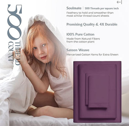 Mayfair Linen 500 Thread Count Twin XL Cotton Sheets - 3 PC Twin XL Size Bed Sheet Set Cotton (Plum), Soft, Cooling, Sateen Hotel-Quality 16" Deep Pocket Bedsheet for Hot Sleepers (Fits 18" Mattress)