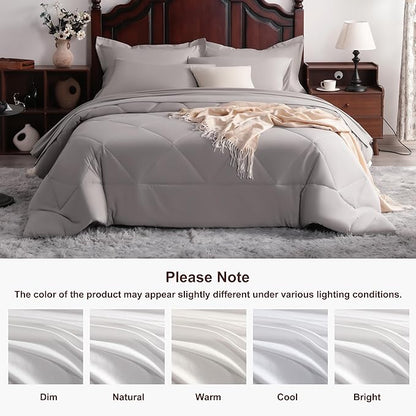 NTBAY Queen Comforter Set with Sheets, 7 Pieces Soft and Breathable Queen Bedding Set, Bed in a Bag, Down Alternative Comforter Set Solid Color All Season, Queen Bedding Set, Smoke Grey