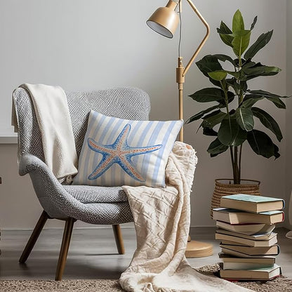 Coastal Beach Starfish Pillow Covers 18x18, Preppy Beachy Room Decor, Preppy Blue and White Striped Starfish Throw Pillow Covers for Bedroom Beach House Home