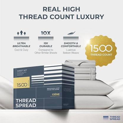 THREAD SPREAD 100% Egyptian Cotton Split King Sheets Sets for Adjustable Bed - Luxury 1500 Thread Count Split Top King Sheets (5 PC, Light Grey), Soft, Cooling, Sateen Weave 17" Deep Pocket Sheet Set