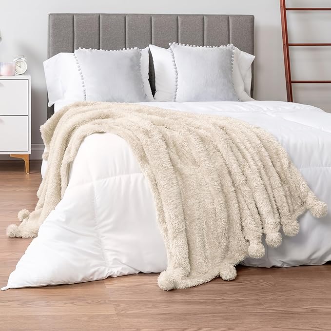 PAVILIA Cream Sherpa Throw Blanket for Couch, Warm Plush Pom Pom Blanket Throw, Ivory Fuzzy Sofa Throw, Lightweight Soft Cozy Fluffy Blanket with Pom Poms, Beige, 50x60