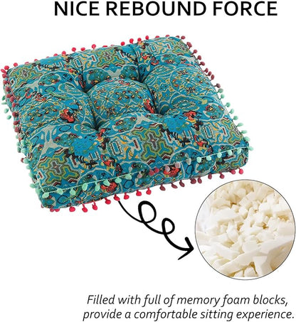 Bohemian Seat Cushion，Indoor & Outdoor 16.5" x 16.5" Seating Cushion for Dinning Chairs, Decorative with Tassels(4Pcs, Green)