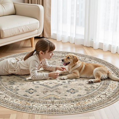 6ft Round Vintage Living Room Area Rug - 6x6 Large Soft Washable Oriental Traditional Distressed Farmhouse Rugs for Bedroom - Indoor Floor Accent Carpet for Home Office House Decor - Beige