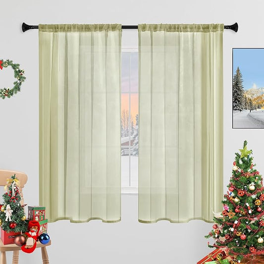 Sheer Curtains 45 Inches Long 2 Panels, Rod Pocket Short Curtain for Kitchen, Bedroom, Cafe Window(Sage Green 38" W x 45" L)