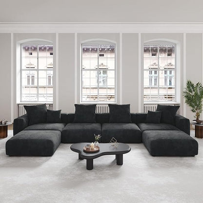JACH 181" Oversized Modular Sectional Sofa, U-Shaped Deep 4-Seats Sectional Couch with Chaise Ottomans, Huge Plus Convertible Soft Sofas, Corduroy Minimalist Couches for Living Room, Apartment, Black