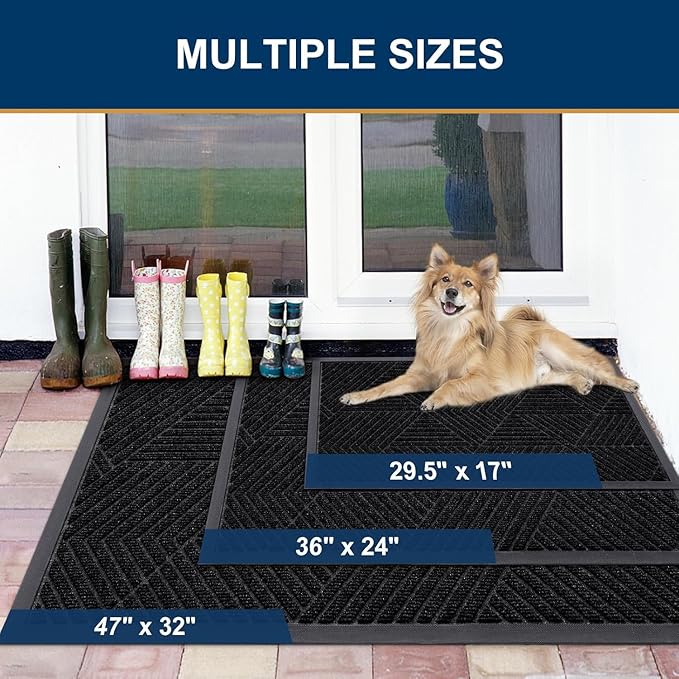 Smiry Front Door Mat Outside Entrance, Heavy Duty Sturdy Natural Rubber Doormat, Trap Dirt and Moisture, Easy Clean Low Profile Mats for Indoor Outdoor Entry, Irregular Triangle (47x24, Black)