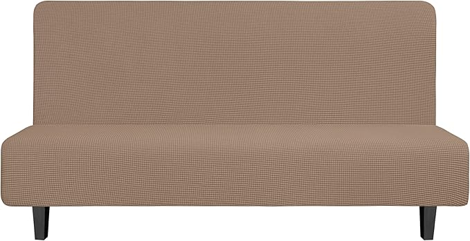 Easy-Going Stretch Futon Slipcover Armless Sofa Cover Furniture Protector Without Armrests Slipcover Soft with Elastic Bottom for Kids, Spandex Jacquard Fabric Small Checks(futon,Camel)