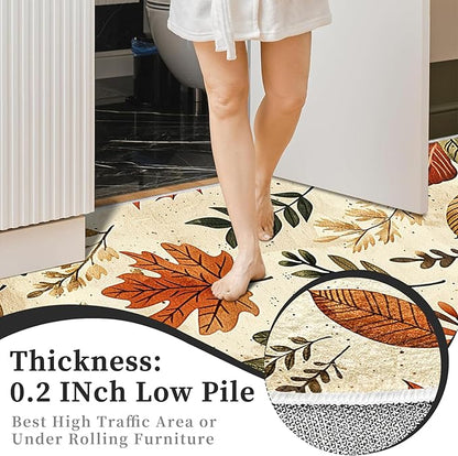 9CH Fall Leaves Area Rug 7' X 5' Brown Cute Botanical Soft Faux Wool Carpet Non-Slip Easy-Cleaning Boho Rugs for Living Room, Bedroom, Kitchen
