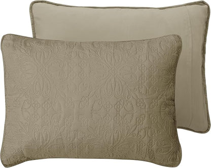 Easy-Going Full/Queen Size Reversible Quilt Set with 1 Quilt and 2 Pillow Shams, Soft Bed Quilt Cover, Water Resistant Lightweight Microfiber Bedspread, Stain Resistant, Damask-Beige/Beige