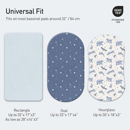Gllquen Baby Muslin Bassinet Sheets 3 Pack, Breathable Elastic Cozy Fitted Cotton Bassinet Mattress Sheet for Baby Boy Girls, Fit for Hourglass Oval Rectangular Cradle Pad Sheets 33"x17" (Star)