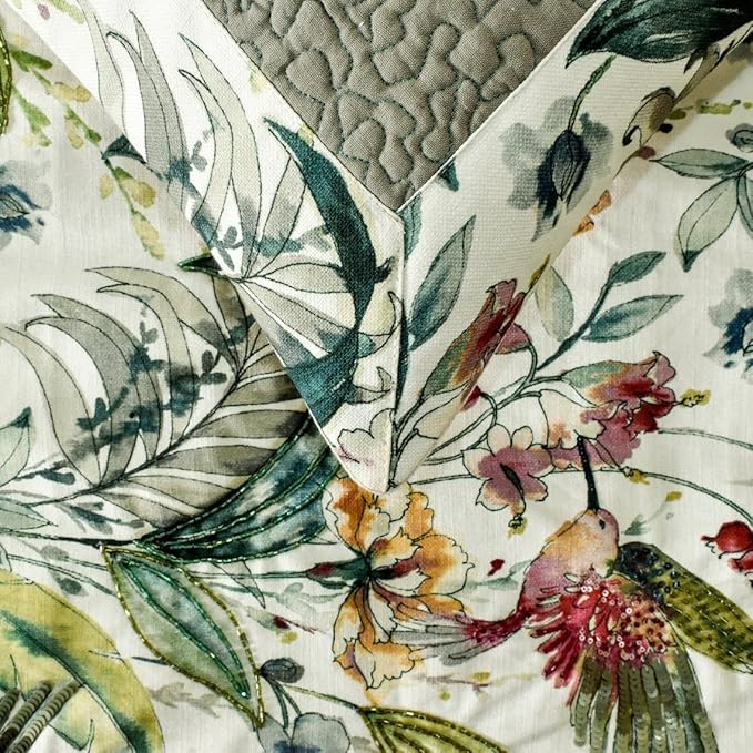 The HomeCentric King Queen Twin Ivory & Multi Designer King 90"x18" Bed Runner with Pillow Cover, Bird, Sequins & Beaded Bed Scarf on Cotton Fabric - Exotic Birds