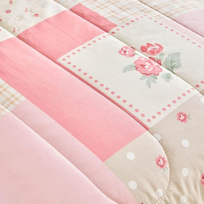 Joyreap 4 Piece Cotton Toddler Bedding Set- Pink Flower Plaids Patchwork Design, Toddler Comforter Set for Girls, Includes Quilted Comforter, Fitted Sheet, Top Sheet, and Pillow Case