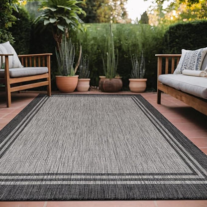 Bordered Outdoor Rug 6x9 Washable Outside Carpet for Indoor Patio Porch Waterproof Easy Cleaning Non Shedding Area Rugs Dark Gray 6 x 9