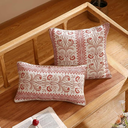 ISAENNE Design Euro Linen Square Throw Pillow Covers 18"x18" Pack of 2, French Country Cushion Covers with Orange Morris Floral Pattern Decoration Pillowcases for Bed, Living Room, Outdoor, Car