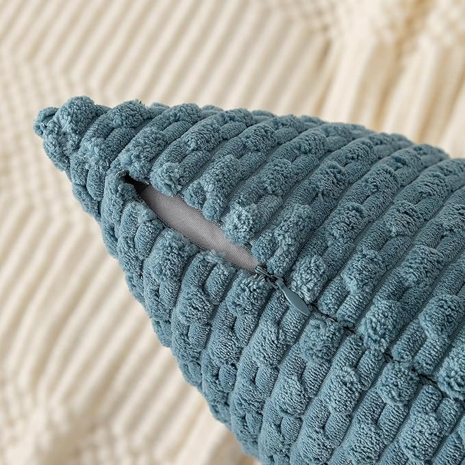 Kevin Textile 14x24 Inch Pillow Cover 1 Pack Boho Decorative Soft Striped Corduroy Lumbar Farmhouse Solid Color Accent Rectangle Cushion Case for Living Room Couch Sofa Bed, Blue Grey