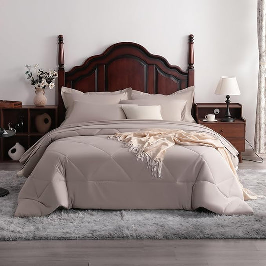 7-Piece Queen Comforter Set with Sheets – Soft and Breathable All-Season Queen Bed in a Bag, Down Alternative Comforter Set Solid Color All Season, Light Taupe