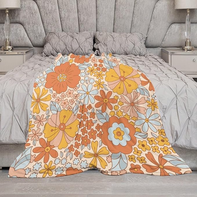 Retro 70s Floral Blanket, Hippie Summer Groovy Flower Power Flower Boho Print Throw Blanket for Couch Sofa Couch Chair 50"x60"