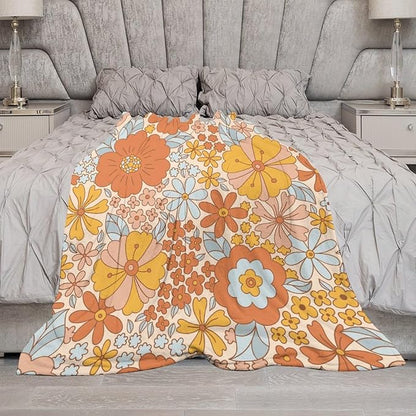 Retro 70s Floral Blanket, Hippie Summer Groovy Flower Power Flower Boho Print Throw Blanket for Couch Sofa Couch Chair 50"x60"