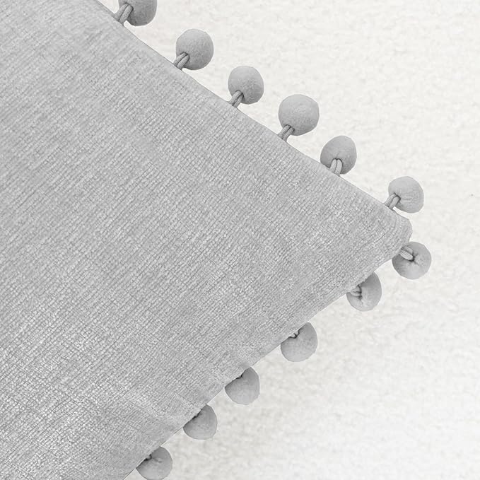 CaliTime Throw Pillow Covers Decorative 22 X 22 Inches Pack of 2 Cozy Solid Dyed Soft Chenille Cushion Cases with Pom Poms for Couch Sofa Bed Living Room Home Moonbeam Gray