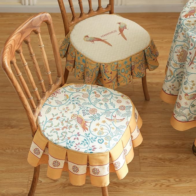 patdrea Pack of 2 Chair Cushions for Dining Chairs with Ruffled, Floral Birds Seat Cushion with Ties,Removable,Non Slip Chair Pads Decor for Bar Stool Cushions, Indoor Kitchen Chairs, 17.7"x17.7"