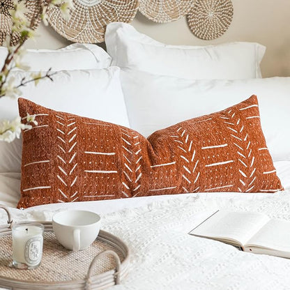 BlissBlush Fall Brick Red Boho Lumbar Throw Pillow Cover 14X36, Decorative Long Accent Body Lumbar Pillow for Bed, Farmhouse Woven Soft Chenille Textured Lumbar Pillowcase for Couch (Cover ONLY)