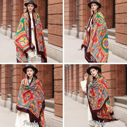 DANA XU 100% Merino Wool Pashmina Shawl for Women 96"x43", Oversized Cashmere Wrap with Tassels, Floral Travel Blanket Cape