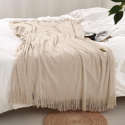 Homiest Decorative Knitted Throw Blanket with Fringe, Lightweight Acrylic Knit, Soft & Cozy Tassel Blanket for Couch, Sofa, Bed (Light Beige, 50 x 60 Inch)