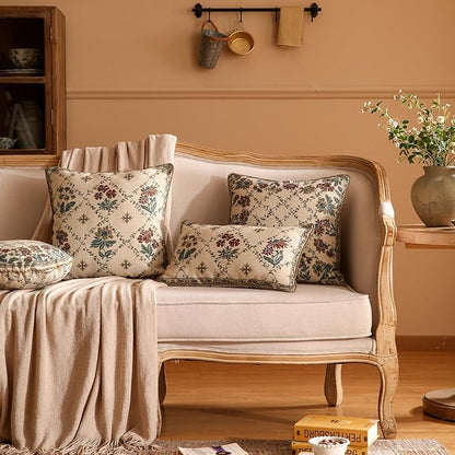patdrea Designer Throw Pillow Covers,Rectangle Vintage Light Brown Linen with Floral Pattern Pillow Cover,Decorative Lumbar Pillowcases Cushion for Bed Living Room Outdoor Car,12"x20"